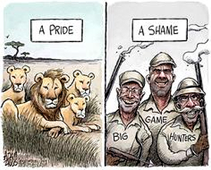 Cartoon of pride of lions titled Pride, and group of trophy hunters titled Shame.