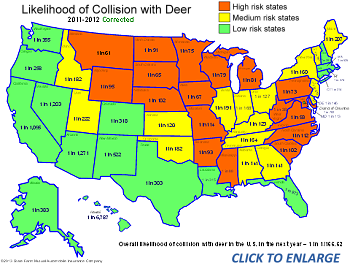 USA map showing odds of deer collision in each state.