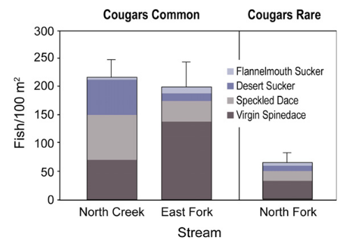 Graph showing more of each species in areas where cougars are common vs areas where cougars are rare.