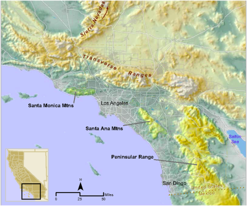 Topographic map depicting location of Santa Ana Mountains, eastern Peninsular Ranges in southern California, and adjacent regions.