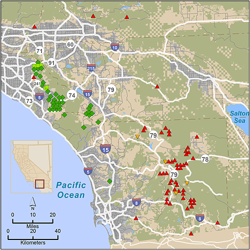 Map of puma capture locations in the Santa Ana Mountains and eastern Peninsular Ranges of southern California.