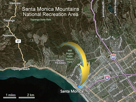 Map of Santa Monica city and mountains, just a couple miles apart with arrow showing route to where lion was killed.