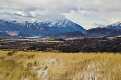 Photo of Heber Utah at the base of the snowy Wasatch Mountain range.