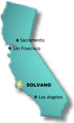 Solvang is north of Los Angeles on the California Coast.