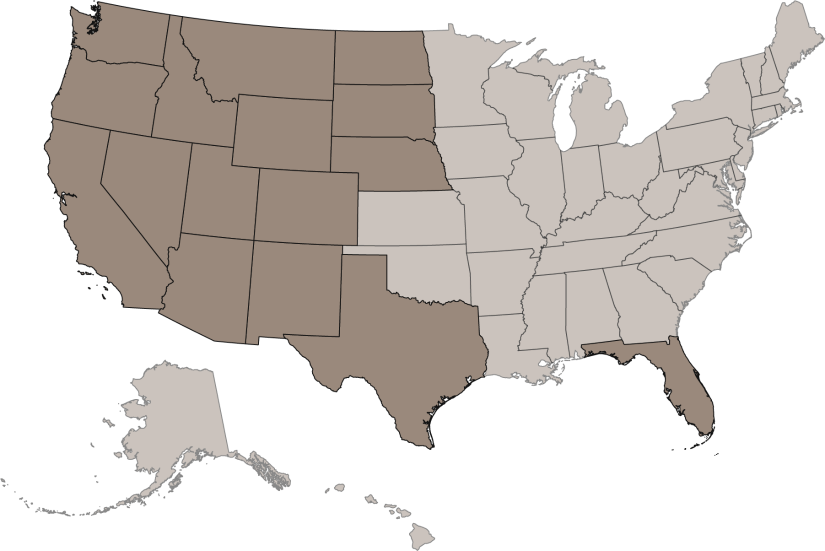 Map of range of mountain lion population in the United States
